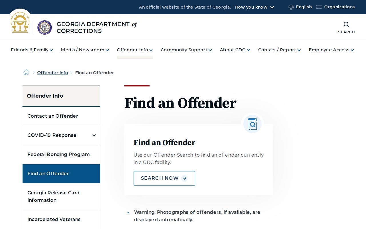 Georgia Department of Corrections offender search interface for state custody records