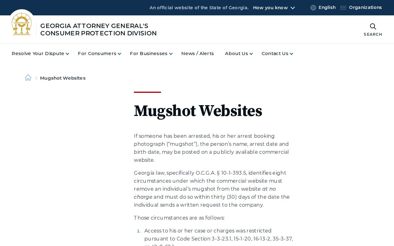 Georgia Attorney General guidance about mugshot websites and removal