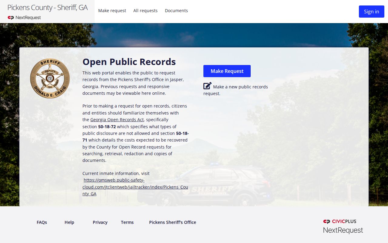 Pickens County Sheriff NextRequest portal for public records