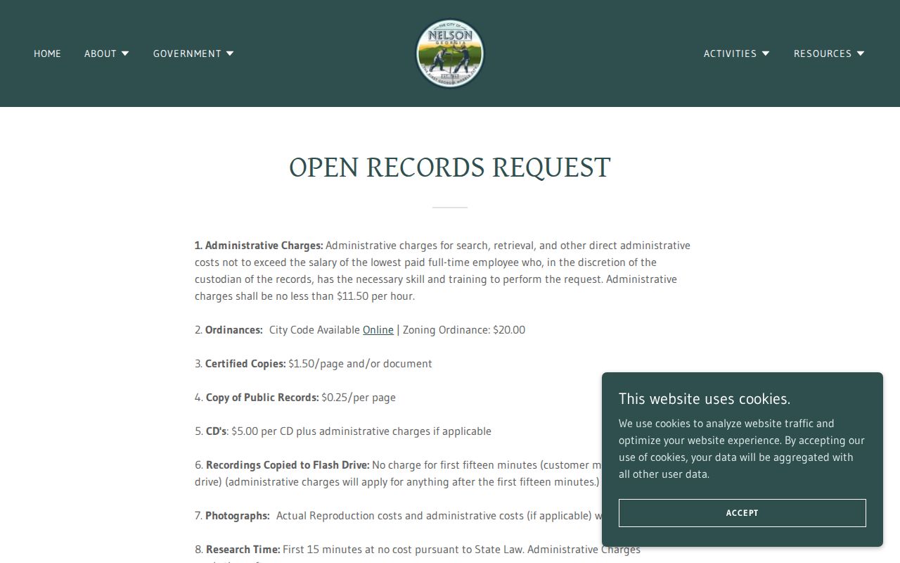 Nelson, Georgia official open-records request page showing the municipal records request route