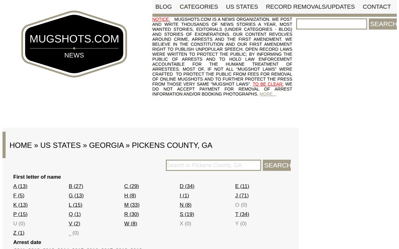 Mugshots.com Pickens County unofficial booking-photo archive page