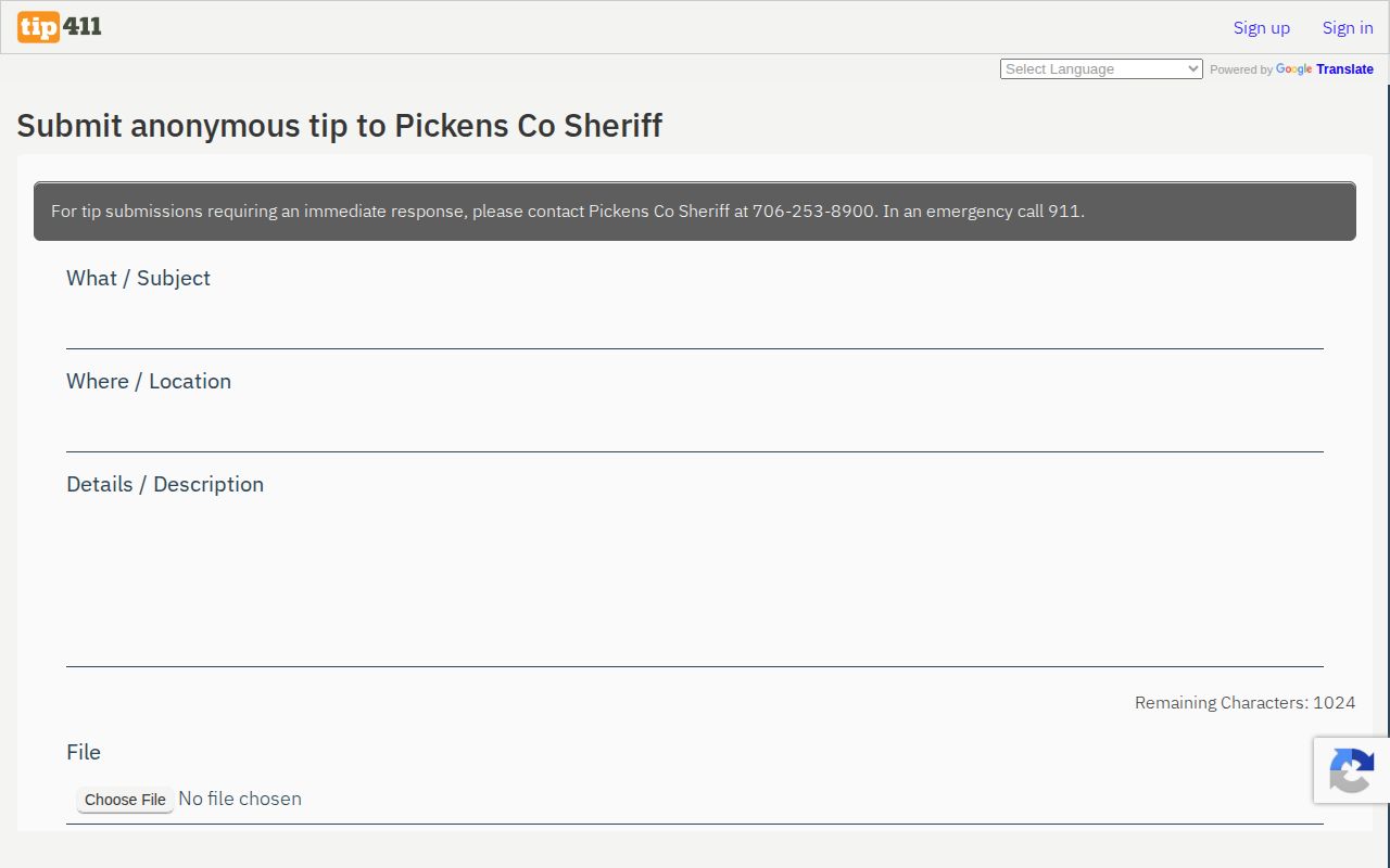 Pickens County Tip411 warrant-report resource and anonymous tip form