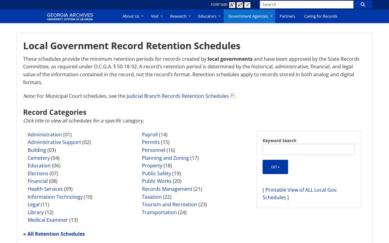 Georgia Archives local government retention schedule for historical jail records